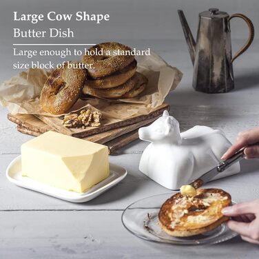 WM Bartleet & Sons 1750 Traditional Porcelain Butter Dish with Lid, Cow Design, 19 cm, White