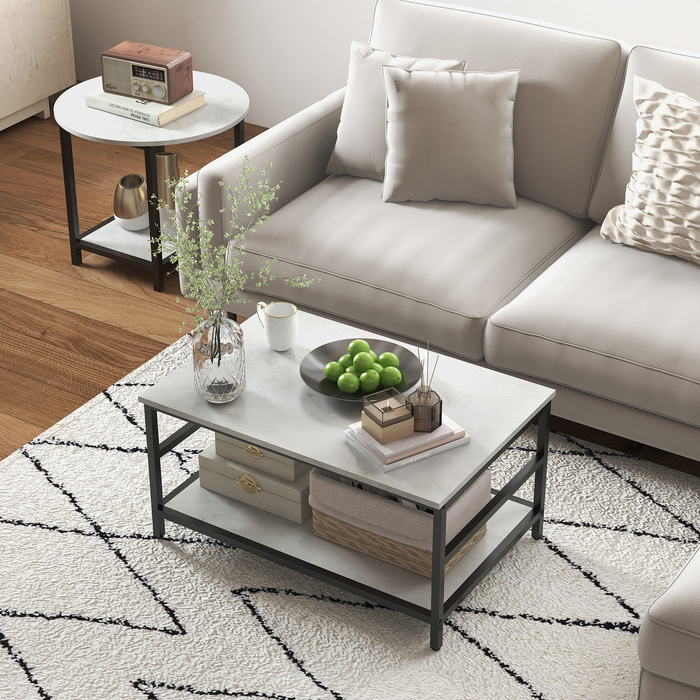 HOMCOM Set of 2 Side Tables/Coffee Tables/Accent Tables with Modern Design and Marble Look for Living Room, Bedroom, Steel