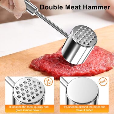 Кліпер для м'яса HOOMIL, двосторонній антипригарний, молоток для відбивання м'яса з неслизькою ручкою, для шніцелів та стейків, срібний (круглий, гладкий срібний)