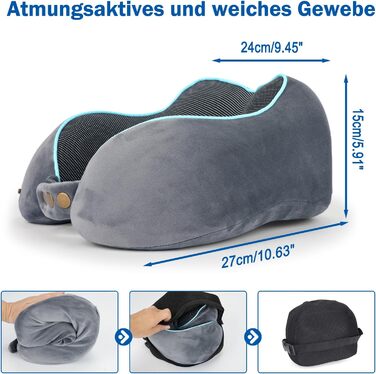 Подушка для шиї дитяча та доросла з Memory Foam 220г, ергономічна, регульована, сіра. Для подорожей літаком, авто та потягом.