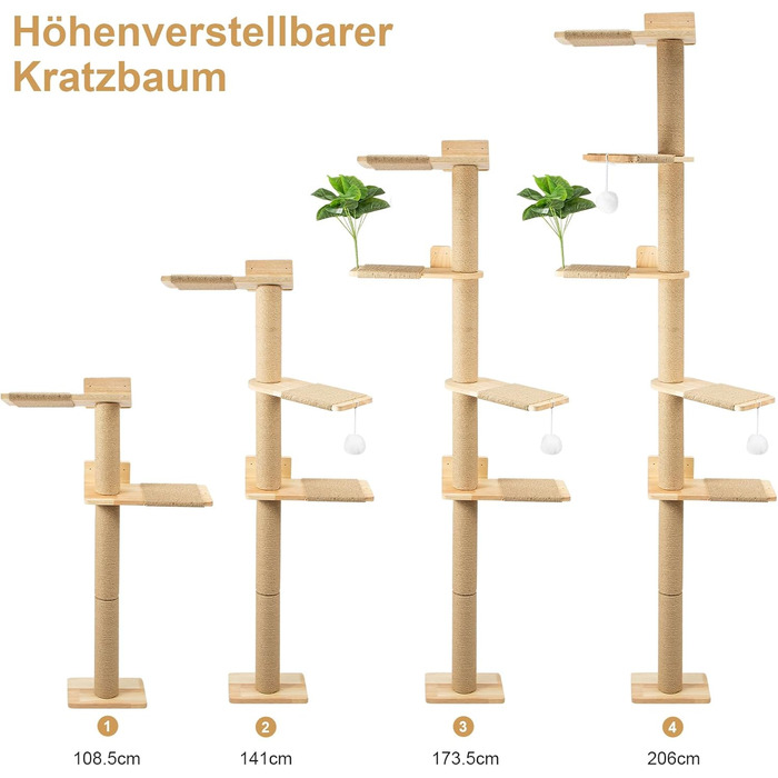 Кігтеточка-стійка для котів 206 см з натурального каучукового дерева, 5 ярусів, настінна, з широкою основою, плюшевими кульками, 360° обертання, XXL кігтеточка для котів для лазіння та дряпання