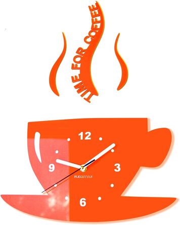 FLEXISTYLE Coffee Time Mug Wall Clock for Modern Kitchen, 3D Roman Numerals, Wall Clock Decoration, 32 x 19 cm (32 x 19 cm, Orange)