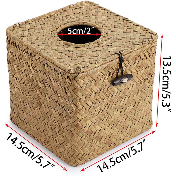 BSTKEY Household Cube, Seagrass Face Towel Box, Decorative Woven Paper Holder, Original Color, Yellow, 35.6 x 35.6 x 33 cm