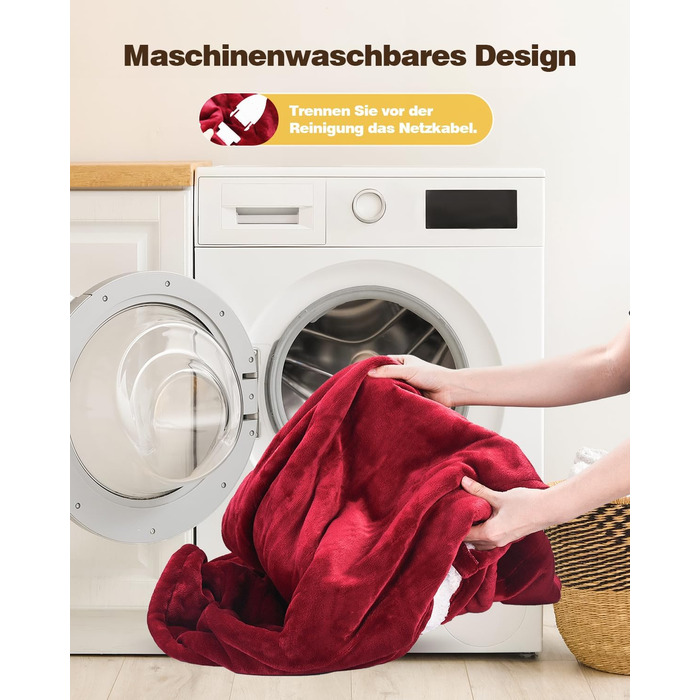 Електрична ковдра Yokimisu з автовимкненням 180x130 см, плюшева, з 6 рівнями нагріву, таймером, захистом від перегріву, пральна, для дому та офісу (червона)