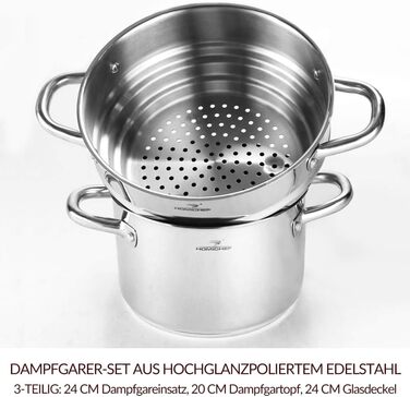 Пароварка HOMICHEF 3-в-1 з нержавіючої сталі, 24 см, без нікелю, з кришкою – набір для приготування овочів на пару, здорове харчування