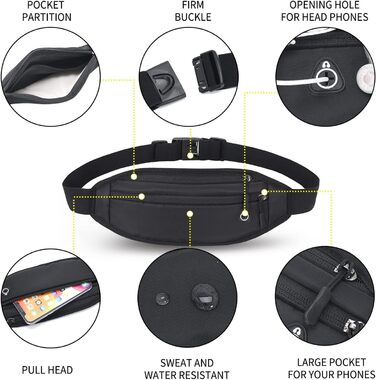 Гірчиця поясна сумка QKUDS для телефону до 7 дюймів, чорна, водонепроникна, для спорту, бігу, фітнесу, велоспорту