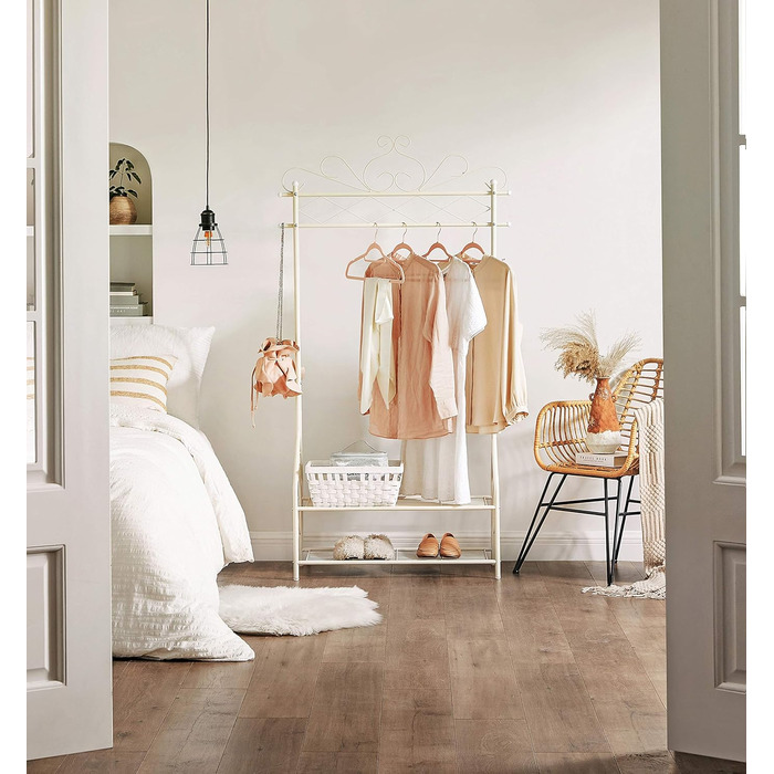 SONGMICS Vintage Style Clothes Rack Wardrobe Clothes Rail with Clothes Rod and 2 Shelves made of Metal 92 x 173 x 41 cm (W x H x D), Cream White, HSR07W
