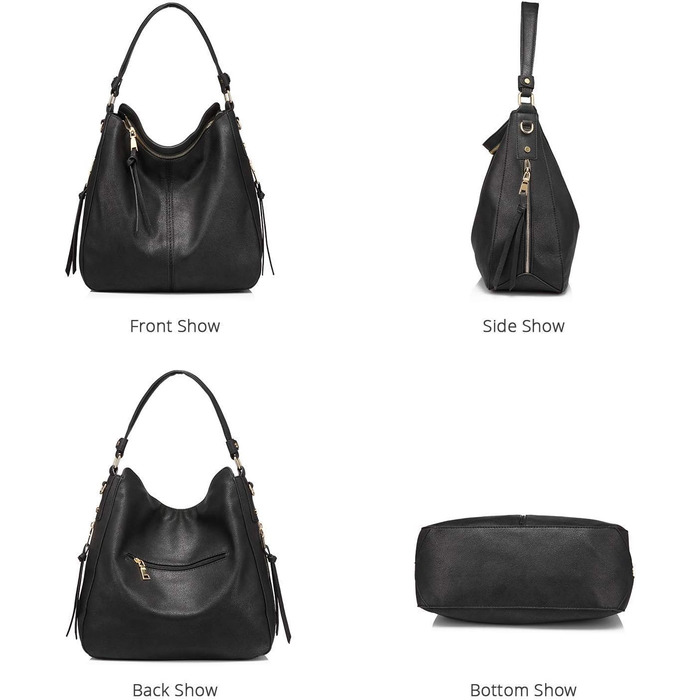 Жіноча сумка-шопер Reaer середнього розміру, чорна PU шкіра, сумка через плече, вінтажна Hobo Bag для роботи, офісу та покупок (L, Чорний)