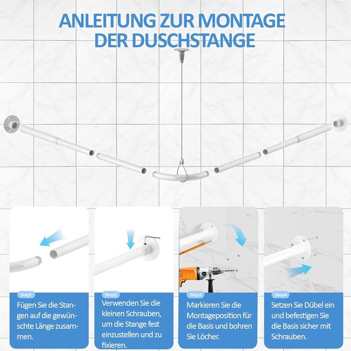 Регульована штанга для душу L-подібної форми, 60-134 см, з кріпленням для завіси та підставкою для стелі, для ванни/ванної кімнати, білий, монтаж вимагає свердління
