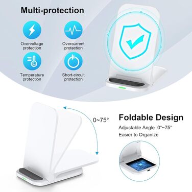 Бездротова зарядка 15W Stand для Samsung Galaxy S25 Ultra, S24 FE, S23, S22, S21, S20, Z Flip6, Google Pixel 9 Pro, 8, 7, 6, iPhone 16, 15, 14 - швидка складна зарядка (білий)