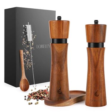 Дерев'яна мельниця для солі та перцю LORELEY® Mittelrhein Germany з керамічним механізмом – з підставкою та пензлем – у подарунковій коробці. Ідеальний подарунок на весілля або новосілля (Deluxe з нержавіючої сталі)