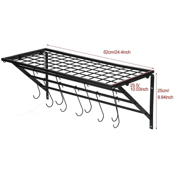 Ejoyous Kitchen Shelf Pan Shelf Kitchen Storage, Kitchen Wall Shelf Kitchen Wall Shelf Kitchen Holder Pan Holder with 10 S-shaped Hooks for Hallways Kitchen Bathrooms 60 x 25 x 25 cm