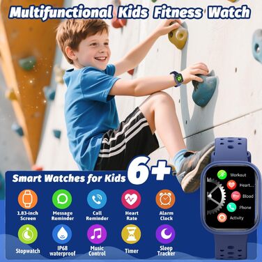 Дитячий розумний годинник Kinder Smartwatch для дівчаток та хлопчиків, водонепроникний (IP68), фітнес-трекер з пульсометром, монітором сну, іграми-пазлами та додатком, подарунок для підлітків 6+ (блакитний)