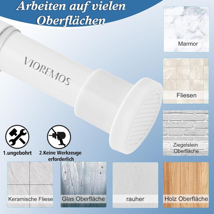 Штанга для душу без свердління 73-224 см, біла. Розсувна штанга для ванної кімнати, душу, вітальні.