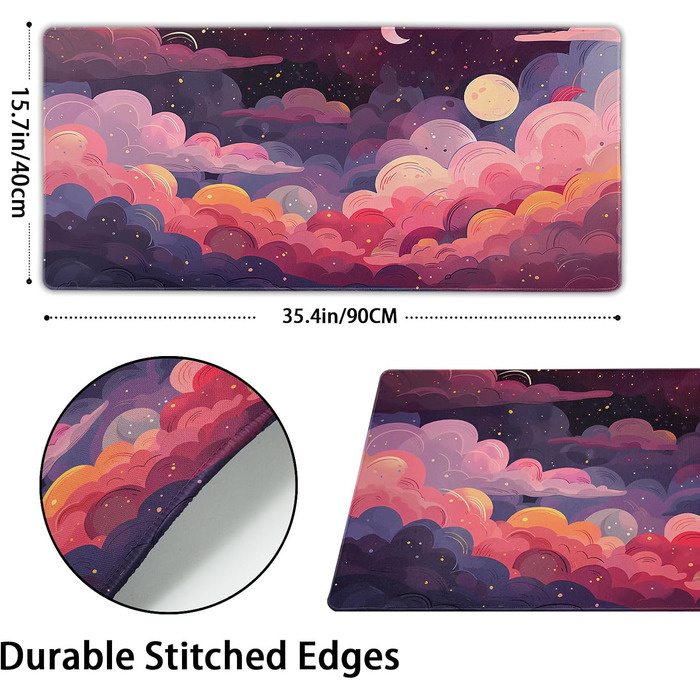 Килимок для миші Japanisches Mauspad, 90 x 40 см, у стилі аніме, дизайн мистецтва, великий ігровий килимок, клавіатура, підкладка під стіл, нековзна гумова основа, прошиті краї, для дому та офісу (XX-Large, Рожевий, Фіолетовий, Хмара)