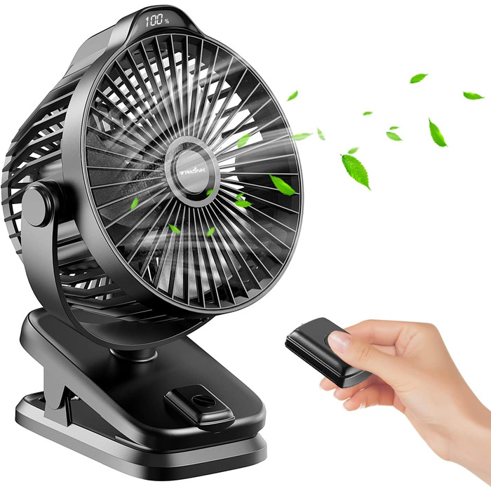 8000mAh Mini USB Clip Ventilator Battery, 13cm Small Table Fan with Remote Control, 5-Speed, LED Display, 360° Rotation, Rechargeable Battery Portable Table Fan for Home, Office, Camping, Stroller