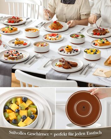 Набір посуду MALACASA з каменю (18 предметів) для 6 осіб, керамічний сервіз з глазур'ю 'сезам', білий з коричневим дном, набір тарілок та мисок