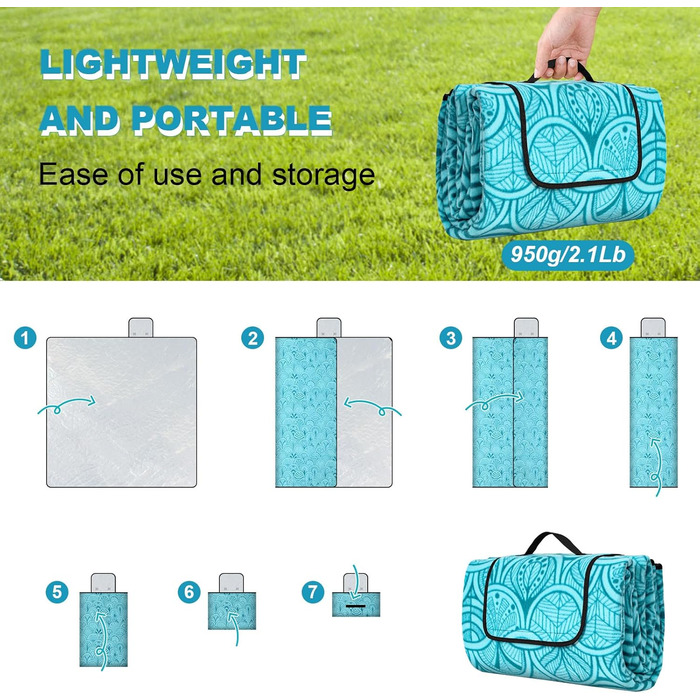 Пікнікова ковдра SOMLAW 200x200 см, водовідштовхувальна, для 4-6 осіб, XXL, з ручкою, ідеальна для кемпінгу та пікніків (блакитна)