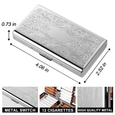 Вінтажне металеве тютюнотримач для сигарет з запальничкою J6, вміщує 12 шт. сигарет (100 мм), органайзер для RFID-карт та грошей (срібний)
