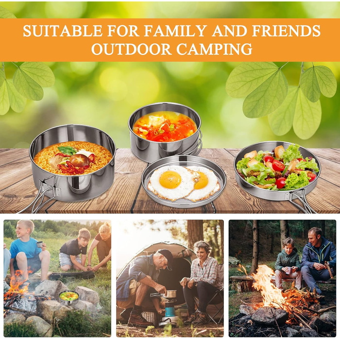 Набір кухонного посуду для кемпінгу на 2-3 особи з нержавіючої сталі: 7 предметів для пікніків, походів та кемпінгу