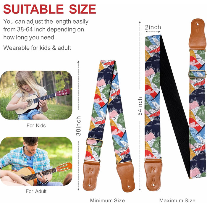 Японський гітарний ремінь Nefelibata з бавовни для акустичної гітари, укулеле, адаптер для голівки грифа в подарунок, медіатори та замок для ременя, регульована довжина 38'-64' (Бурхливі гори)