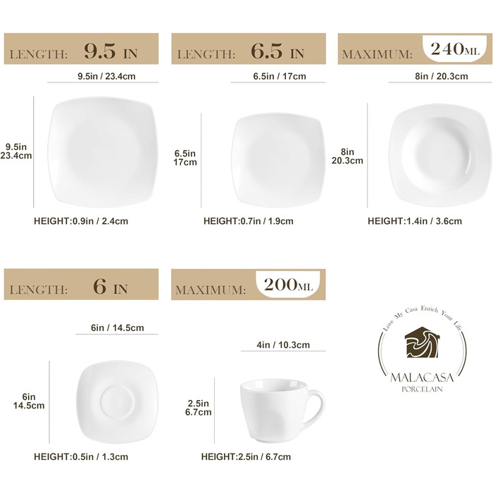 MALACASA, Julia Series, Dessert Plates Set of 6, 16.7cm Dinner Plates Porcelain, Cake Plates for 6 People.