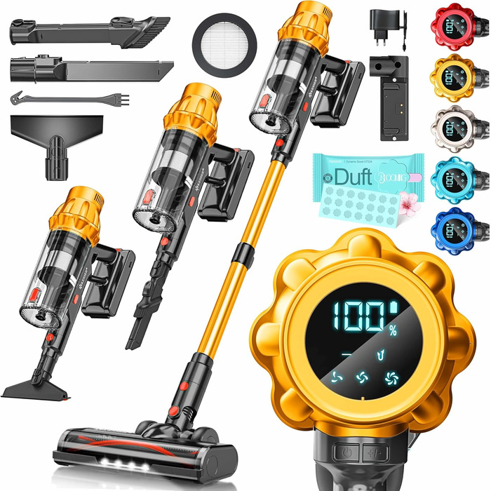 Бездротовий акумуляторний пилосос KESSER® з LED дисплеєм, до 70 хв роботи | Бездротовий пилосос без мішка з антизаплутувальною насадкою для твердих поверхонь, килимів та шерсті тварин (Помаранчевий / Жовтий)