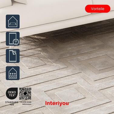 Килим Interiyou для вітальні Cannes, 120x170 см, кремовий - для спальні, їдальні, дитячої кімнати - короткий ворс, скандинавський бохо-дизайн, високий/низький ворс, геометричний малюнок (120 x 170 см, прямокутний)