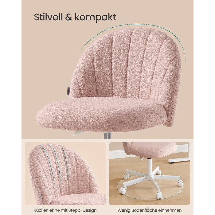 Офісний стілець SONGMICS для дому, рожевий, з м'якою оббивкою з флісу, регульована висота, для спальні, робочого кабінету, гардеробної