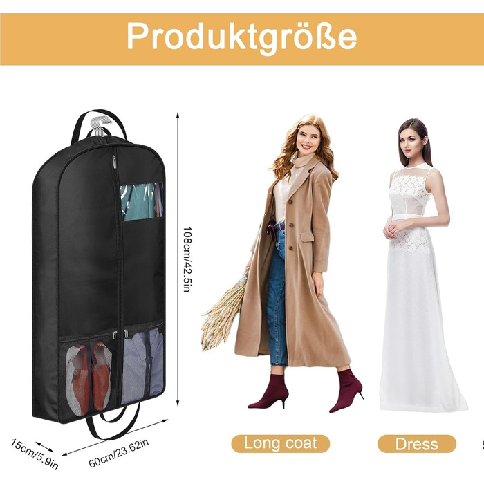 Чохли для одягу 2 шт. - мішки для зберігання одягу, 108x60x15 см, чорні мішки для одягу з блискавкою, захист від пилу та вологи для вечірніх та весільних суконь