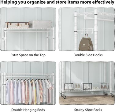 Double Clothes Rack/Garment Rod with Adjustable Shelves, Heavy-Duty Clothes Rack with 2 Hooks, Clothes Rack with Wheels, 90 * 42 * 205cm, White