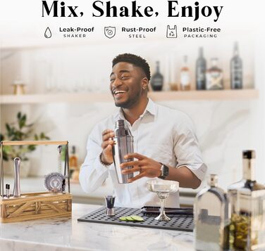 Набір бармена для приготування коктейлів, 12 предметів: шейкер, аксесуари, дерев'яний підставка, рецепти, подарунковий набір для дому, 24oz Cobbler Shaker