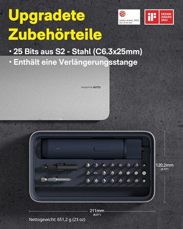 Акумуляторний шуруповерт HOTO з магнітом та 25 бітами, LED-підсвічуванням, 3 рівнями крутного моменту (1.5/3/4 Н.м), акумулятор 1500 мАг, зарядка USB-C, для ремонту меблів та електроприладів