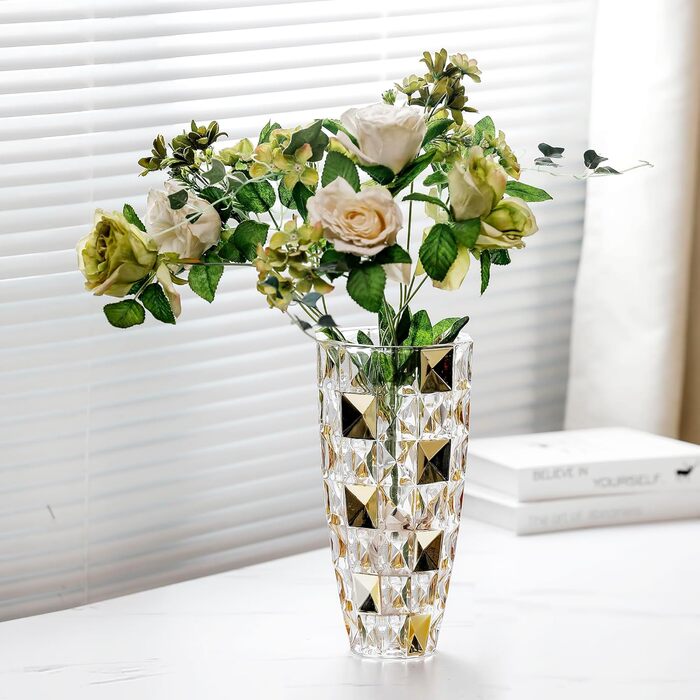 Ваза для квітів ручної роботи у формі діаманта, позолочена скляна ваза 29.5 см для декору дому, весілля, офісу та святкування