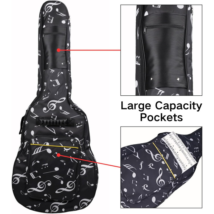 Водонепроникний кейс для гітари SUQ Oxford, 40/41 дюймів, з принтом музичних нот, нейлон, Gigbag, для електро-, акустичної та концертної гітари, ударостійкий, 8 мм підкладка, водонепроникний (чорний)