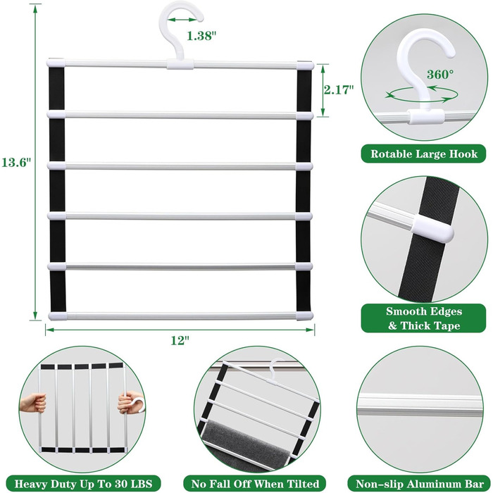 Closet Organizers and Storage, 2 Pack, Pant Hangers, Space-Saving Closet Organizer System, Aluminum Alloy, Closet Organization and Storage, for Jeans, Pants, Scarves, Clothes Hangers for
