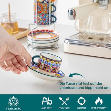 Набір чашок для еспресо Vancasso 4 шт., 150 мл SIMI, з підставками та стійкою, керамічні, для капучіно, еспресо, лате