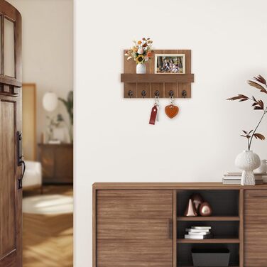 Дерев'яне ключове дощечка з полицею, 5 гачків, для прихожої, спальні, вітальні (колір: коричневий)