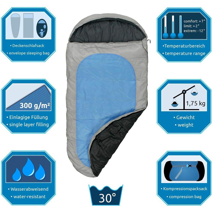 Fridani Kids Sleeping Bag PB 180x90cm XXL Quilt Sleeping Bag -12°C Blue Warm Water-Repellent Washable