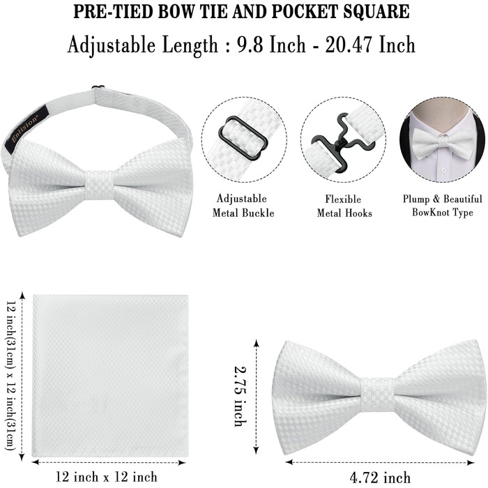 Краватка-метелик чоловіча Enlision з кишеньковим хустинкою - комплект для весілля, свят, до костюма. Білий колір.