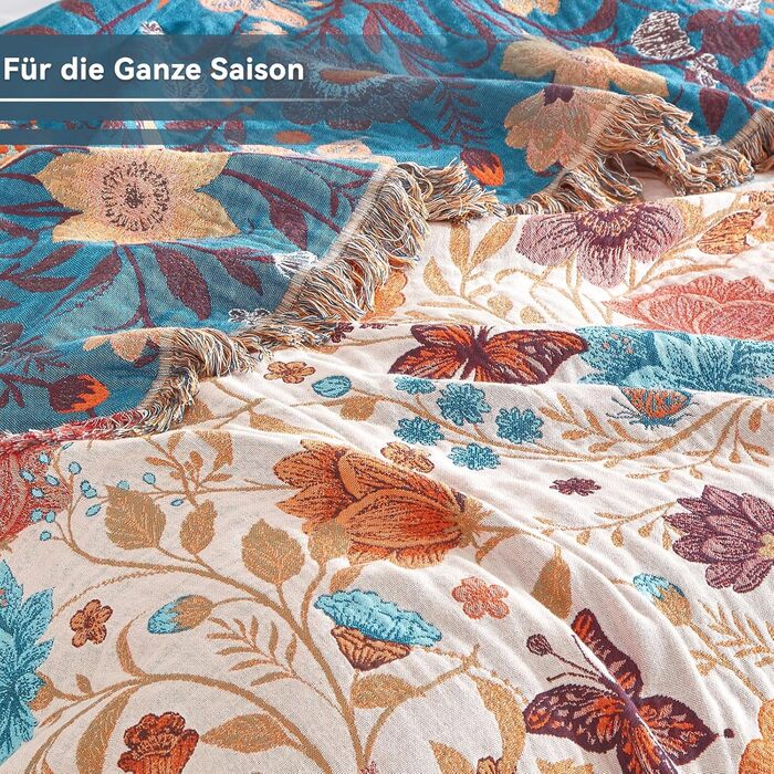 Богемна ковдра Boho з 100% бавовни, м'яка двостороння муслінова ковдра 150x200 см, плед для дивану та ліжка, декоративна patchwork ковдра, літня ковдра для вітальні, зелено-бежева (200 x 230 см, Blumentanz)