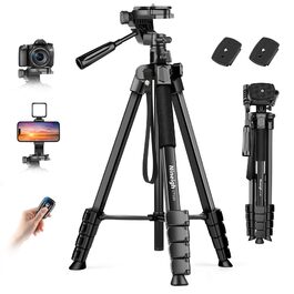 Тринога-штатив Nineigh для смартфона та DSLR камери, 190 см, алюмінієвий легкий штатив з дистанційним пультами та 3-позиційною головкою, чорний