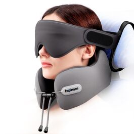 Подушка для шиї у літак: з ременем безпеки, 3D маскою для сну, підтримкою шиї та голови, з піною високої щільності, сірого кольору