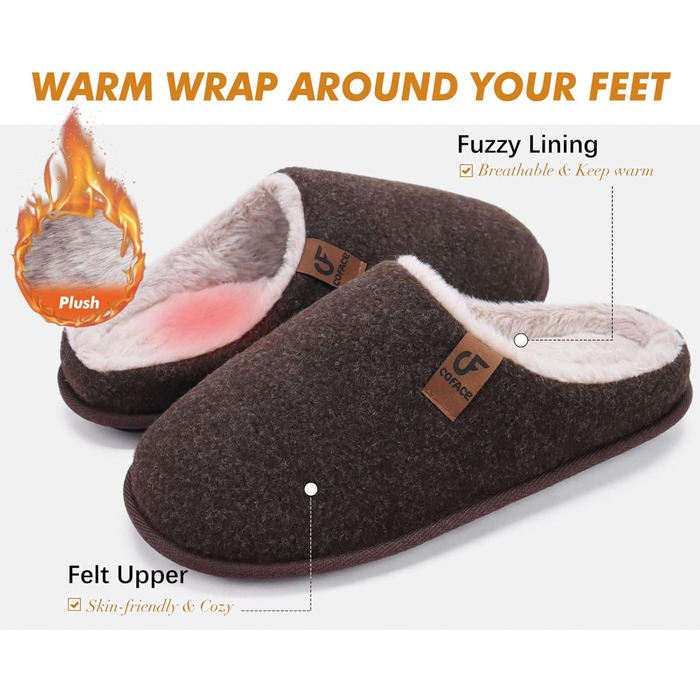 Тапочки чоловічі COFACE з фетру, теплі, зручні, з м'якою підкладкою, антиковзаюча гумова підошва, для дому та вулиці, розмір 40-49 (темно-коричневий, 43 EU)