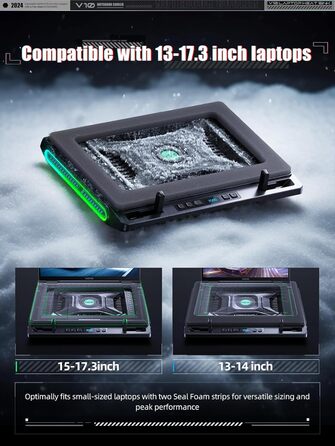 Підставка охолодження для ноутбука RGB з потужним вентилятором 4.72'', швидке охолодження для комп'ютерів 13-17,3'', керування клавішами, 3 регульовані підставки, 4-портовий USB C&A, чорний