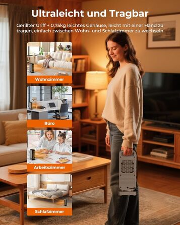 Електричний обігрівач 2000W з енергозбереженням, тихий, 3 режими, PTC кераміка, швидкий нагрів, ECO режим, пульт, таймер 12H, поворот 70°, для офісу, спальні, ванної кімнати (чорний)