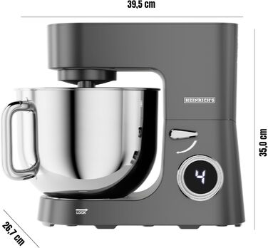 Кухонна машина Heinrichs 2500W з двома гаками для тіста, міксером та вінчиком, 8 швидкостей, чаша 7л з нержавіючої сталі, тиха, з титановим покриттям