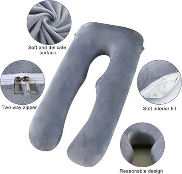 Подушка для вагітних Caliyo 2 шт. U-подібної форми, для сну на боці, з чохлом, велика подушка для годування, подушка для вагітних та комфортна подушка для дорослих (сірий, кристалевий велюр)