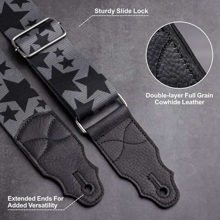 Гітарний ремінь з натуральної шкіри (шкіра) для акустичної, бас та електрогітари, регульований 38″-64″, чорний Star