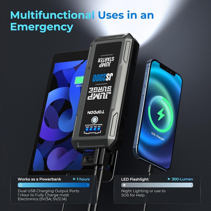 TOPDON JS3000 Powerbank для запуску двигуна: Jump Starter для авто до 9л бензину та 7л дизеля, 24000mAh (2500A), LED, Eva-сумка